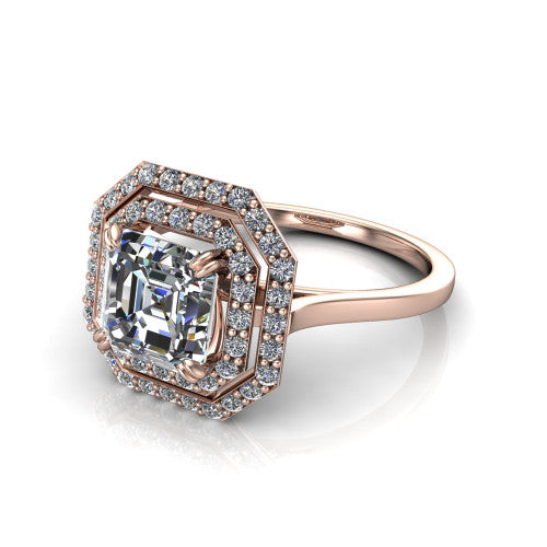 Gwendolyn square emerald halo engagement ring in 14K Rose Gold, three-quarter perspective showing the step-cut square emerald center diamond framed by two pave diamond halos and a polished knife-edge shank