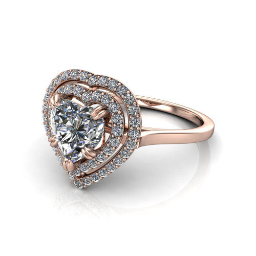 Gwendolyn heart halo engagement ring in 18K Rose Gold, three-quarter perspective showing the brilliant heart-shaped center diamond framed by two pave diamond halos and a polished knife-edge shank