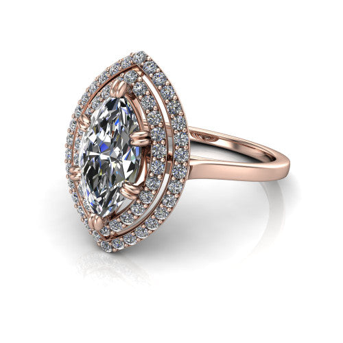 Gwendolyn marquise halo engagement ring in 14K Rose Gold, three-quarter perspective showing the brilliant marquise center diamond framed by two pave diamond halos and a polished knife-edge shank