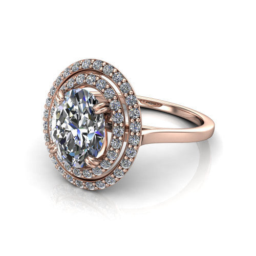 Gwendolyn oval halo engagement ring in 14K Rose Gold, three-quarter perspective showing the brilliant oval center diamond framed by two pave diamond halos and a polished knife-edge shank