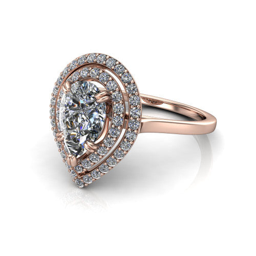 Gwendolyn pear halo engagement ring in 14K Rose Gold, three-quarter perspective showing the brilliant pear-cut center diamond framed by two pave diamond halos and a polished knife-edge shank