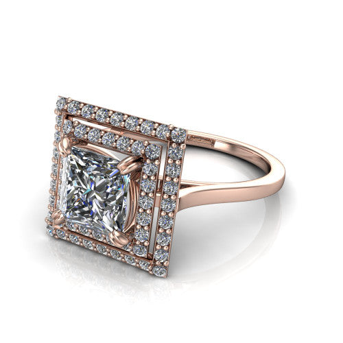 Gwendolyn princess halo engagement ring in 14K Rose Gold, three-quarter perspective showing the brilliant princess-cut center diamond framed by two pave diamond halos and a polished knife-edge shank