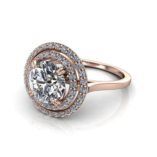 Gwendolyn round halo engagement ring in 18K Rose Gold, three-quarter perspective showing the brilliant round center diamond framed by two pave diamond halos and a polished knife-edge shank