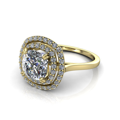 Gwendolyn cushion halo engagement ring in 14K Yellow Gold, three-quarter perspective showing the brilliant cushion-cut center diamond framed by two pave diamond halos and a polished knife-edge shank