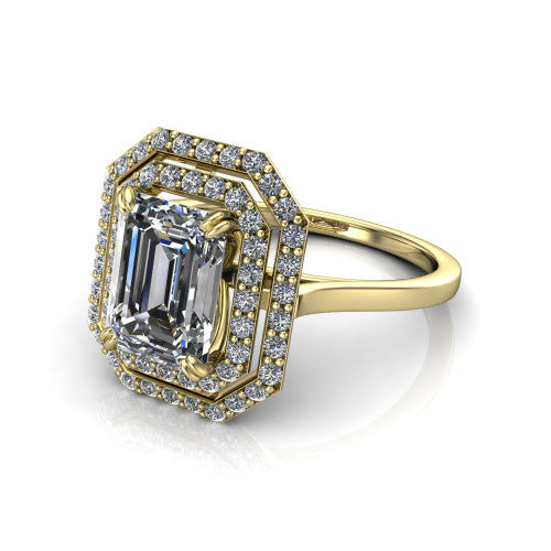 Gwendolyn emerald halo engagement ring in 14K Yellow Gold, three-quarter perspective showing the step-cut emerald center diamond framed by two pave diamond halos and a polished knife-edge shank