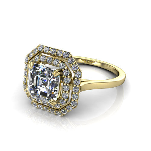 Gwendolyn square emerald halo engagement ring in 18K Yellow Gold, three-quarter perspective showing the step-cut square emerald center diamond framed by two pave diamond halos and a polished knife-edge shank