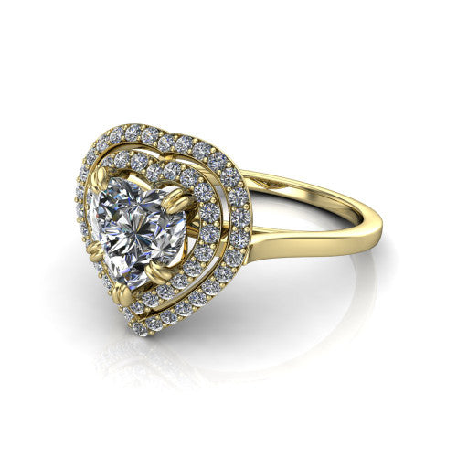 Gwendolyn heart halo engagement ring in 14K Yellow Gold, three-quarter perspective showing the brilliant heart-shaped center diamond framed by two pave diamond halos and a polished knife-edge shank