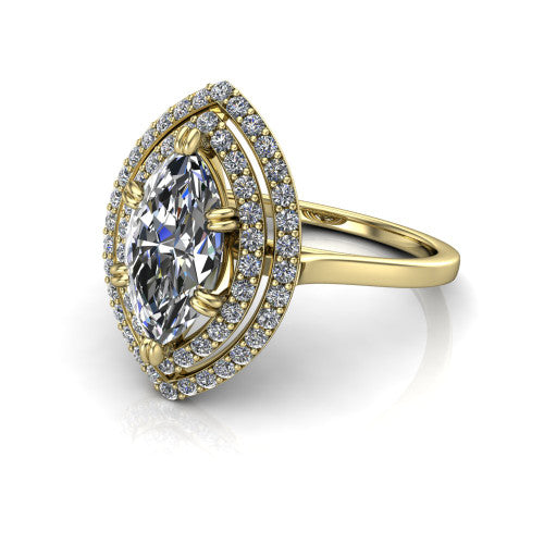 Gwendolyn marquise halo engagement ring in 14K Yellow Gold, three-quarter perspective showing the brilliant marquise center diamond framed by two pave diamond halos and a polished knife-edge shank