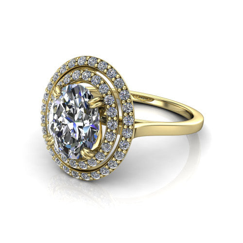 Gwendolyn oval halo engagement ring in 18K Yellow Gold, three-quarter perspective showing the brilliant oval center diamond framed by two pave diamond halos and a polished knife-edge shank