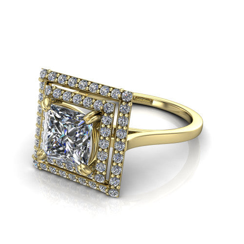 Gwendolyn princess halo engagement ring in 18K Yellow Gold, three-quarter perspective showing the brilliant princess-cut center diamond framed by two pave diamond halos and a polished knife-edge shank