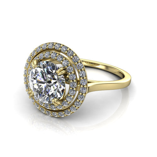 Gwendolyn round halo engagement ring in 18K Yellow Gold, three-quarter perspective showing the brilliant round center diamond framed by two pave diamond halos and a polished knife-edge shank