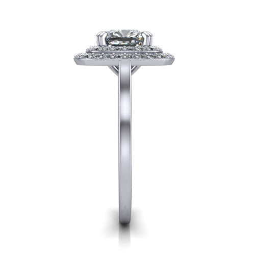 Gwendolyn cushion halo engagement ring in 14K White Gold, side profile showing the double halo head, knife-edge shank, and cathedral gallery