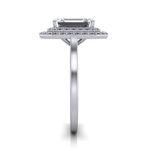 Gwendolyn emerald halo engagement ring in Platinum, side profile showing the double halo head, knife-edge shank, and cathedral gallery