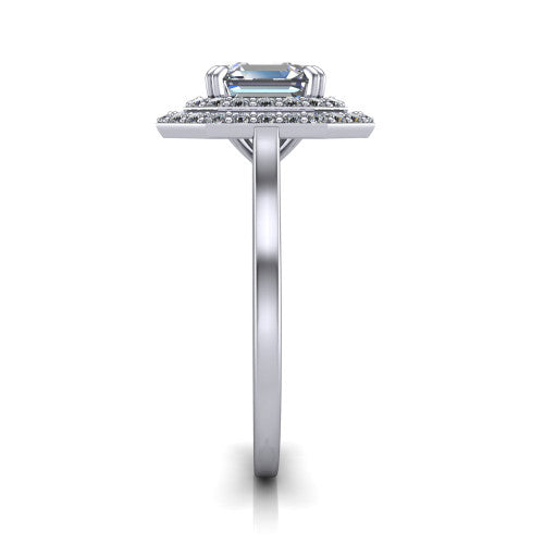 Gwendolyn square emerald halo engagement ring in 14K White Gold, side profile showing the double halo head, knife-edge shank, and cathedral gallery