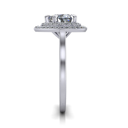 Gwendolyn heart halo engagement ring in Platinum, side profile showing the double halo head, knife-edge shank, and cathedral gallery