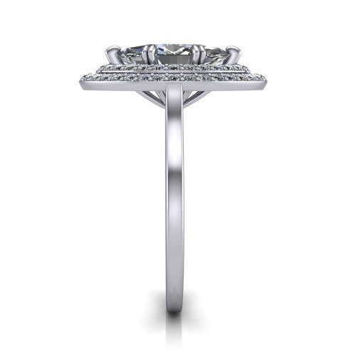 Gwendolyn marquise halo engagement ring in 18K White Gold, side profile showing the double halo head, knife-edge shank, and cathedral gallery