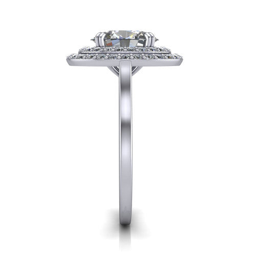 Gwendolyn oval halo engagement ring in 14K White Gold, side profile showing the double halo head, knife-edge shank, and cathedral gallery