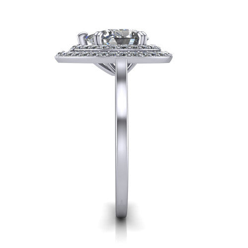 Gwendolyn pear halo engagement ring in Platinum, side profile showing the double halo head, knife-edge shank, and cathedral gallery