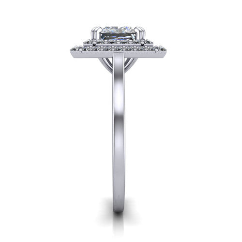 Gwendolyn princess halo engagement ring in 18K White Gold, side profile showing the double halo head, knife-edge shank, and cathedral gallery
