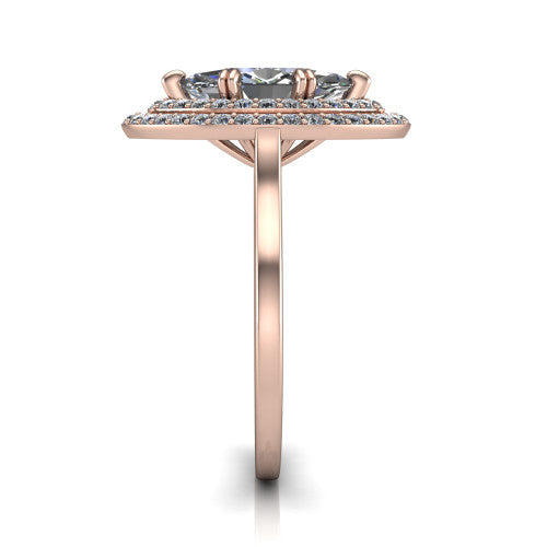 Gwendolyn marquise halo engagement ring in 14K Rose Gold, side profile showing the double halo head, knife-edge shank, and cathedral gallery