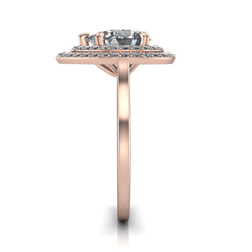 Gwendolyn pear halo engagement ring in 14K Rose Gold, side profile showing the double halo head, knife-edge shank, and cathedral gallery