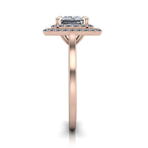 Gwendolyn princess halo engagement ring in 14K Rose Gold, side profile showing the double halo head, knife-edge shank, and cathedral gallery
