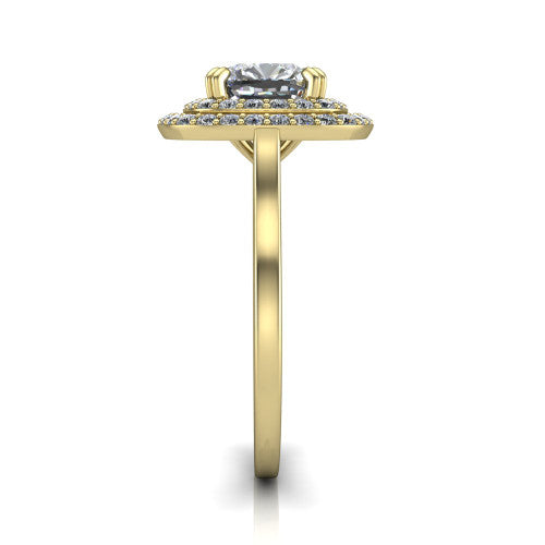 Gwendolyn cushion halo engagement ring in 14K Yellow Gold, side profile showing the double halo head, knife-edge shank, and cathedral gallery
