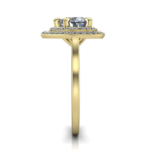 Gwendolyn heart halo engagement ring in 14K Yellow Gold, side profile showing the double halo head, knife-edge shank, and cathedral gallery