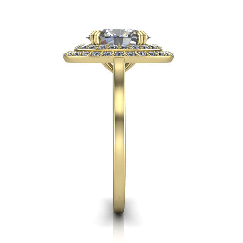 Gwendolyn oval halo engagement ring in 14K Yellow Gold, side profile showing the double halo head, knife-edge shank, and cathedral gallery