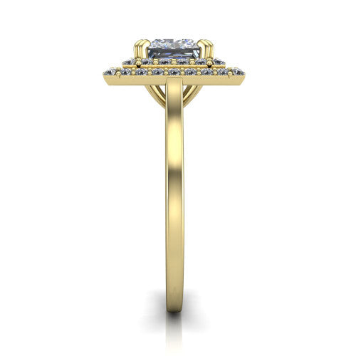 Gwendolyn princess halo engagement ring in 18K Yellow Gold, side profile showing the double halo head, knife-edge shank, and cathedral gallery