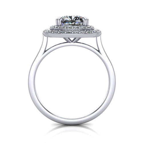 Gwendolyn cushion halo engagement ring in 14K White Gold, through-finger front profile showing the double halo head and open cathedral under-gallery