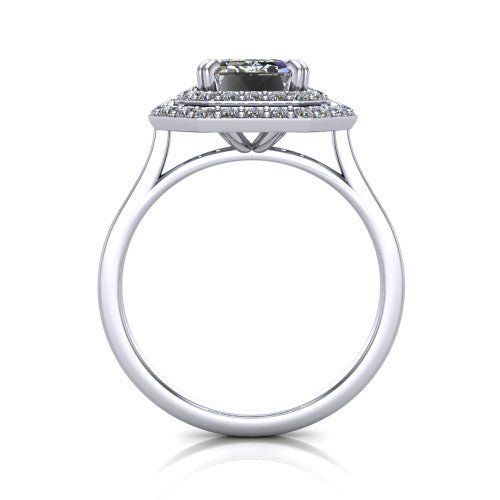 Gwendolyn emerald halo engagement ring in Platinum, through-finger front profile showing the double halo head and open cathedral under-gallery