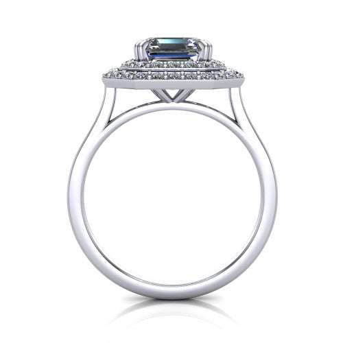 Gwendolyn square emerald halo engagement ring in 14K White Gold, through-finger front profile showing the double halo head and open cathedral under-gallery