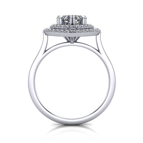 Gwendolyn heart halo engagement ring in 14K White Gold, through-finger front profile showing the double halo head and open cathedral under-gallery