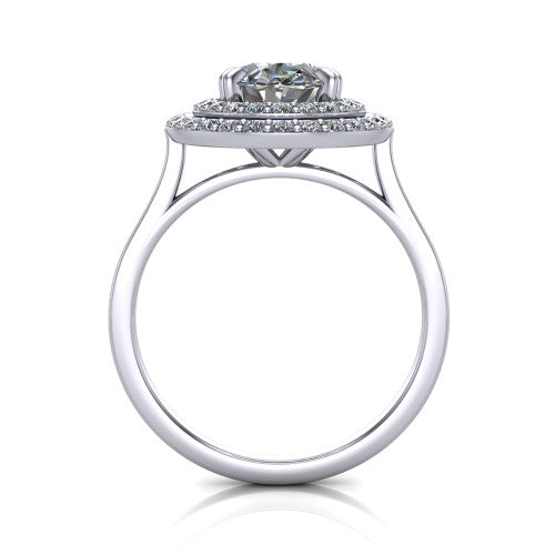 Gwendolyn oval halo engagement ring in 18K White Gold, through-finger front profile showing the double halo head and open cathedral under-gallery