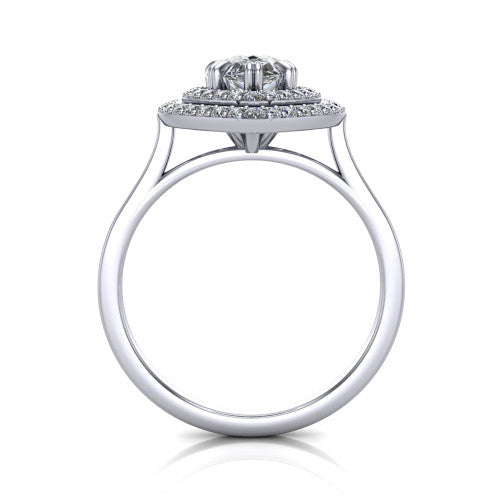 Gwendolyn pear halo engagement ring in Platinum, through-finger front profile showing the double halo head and open cathedral under-gallery