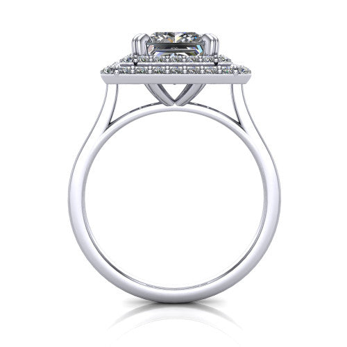 Gwendolyn princess halo engagement ring in Platinum, through-finger front profile showing the double halo head and open cathedral under-gallery