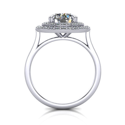 Gwendolyn round halo engagement ring in 14K White Gold, through-finger front profile showing the double halo head and open cathedral under-gallery