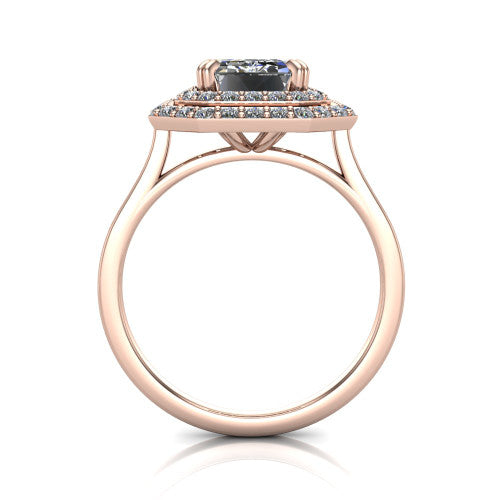 Gwendolyn emerald halo engagement ring in 14K Rose Gold, through-finger front profile showing the double halo head and open cathedral under-gallery