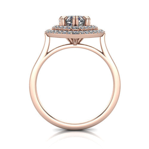 Gwendolyn heart halo engagement ring in 14K Rose Gold, through-finger front profile showing the double halo head and open cathedral under-gallery