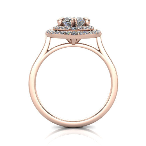 Gwendolyn marquise halo engagement ring in 18K Rose Gold, through-finger front profile showing the double halo head and open cathedral under-gallery