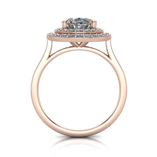 Gwendolyn oval halo engagement ring in 14K Rose Gold, through-finger front profile showing the double halo head and open cathedral under-gallery