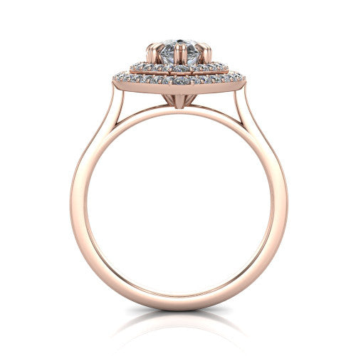 Gwendolyn pear halo engagement ring in 14K Rose Gold, through-finger front profile showing the double halo head and open cathedral under-gallery