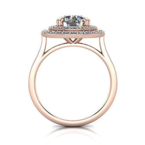 Gwendolyn round halo engagement ring in 18K Rose Gold, through-finger front profile showing the double halo head and open cathedral under-gallery