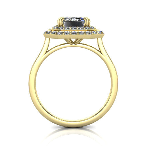 Gwendolyn emerald halo engagement ring in 14K Yellow Gold, through-finger front profile showing the double halo head and open cathedral under-gallery