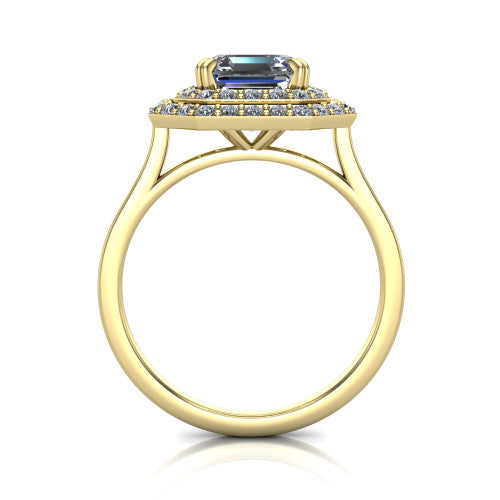 Gwendolyn square emerald halo engagement ring in 14K Yellow Gold, through-finger front profile showing the double halo head and open cathedral under-gallery
