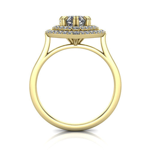 Gwendolyn heart halo engagement ring in 14K Yellow Gold, through-finger front profile showing the double halo head and open cathedral under-gallery