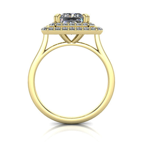 Gwendolyn princess halo engagement ring in 14K Yellow Gold, through-finger front profile showing the double halo head and open cathedral under-gallery
