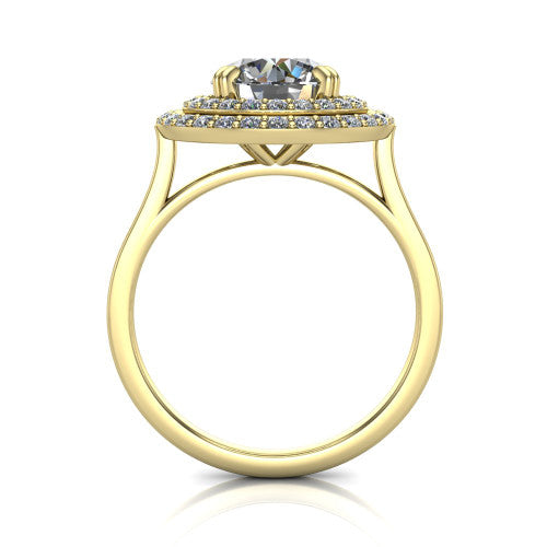 Gwendolyn round halo engagement ring in 14K Yellow Gold, through-finger front profile showing the double halo head and open cathedral under-gallery