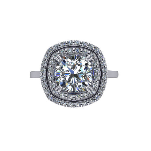 Gwendolyn cushion halo engagement ring in 14K White Gold, top-down view showing the brilliant cushion-cut center diamond framed by two concentric pave diamond halos